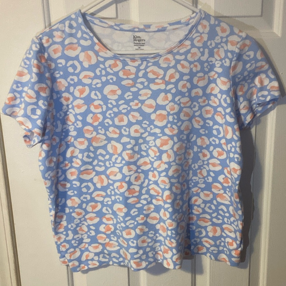 Kim Rogers Womens Blue and Orange Cheetah Patterned Tee